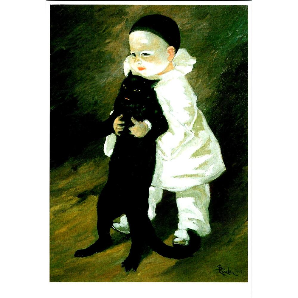 Postcard Cat Child Holding Cat From 1889 Painting Pierrot et le Chat 6 x 4"